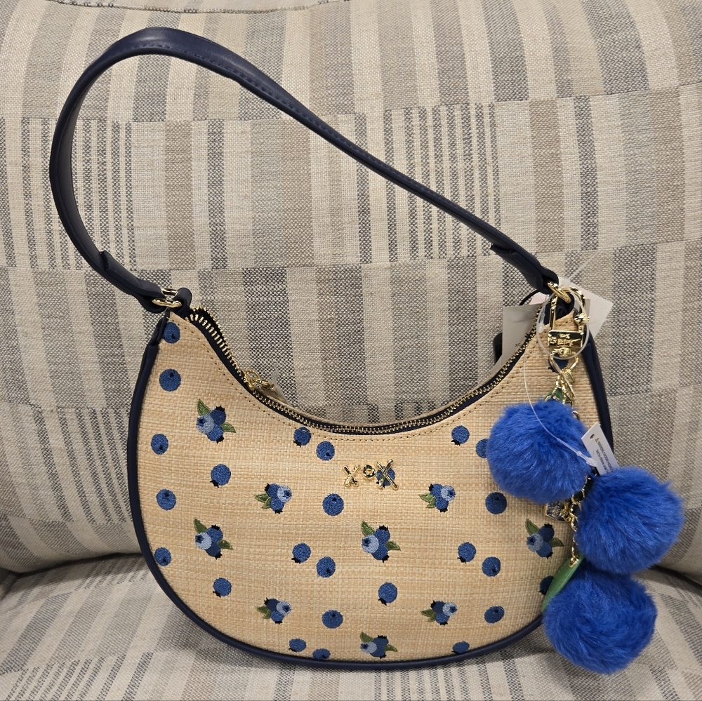 Betsey Johnson Blue and Tan Pom-Pom Bag